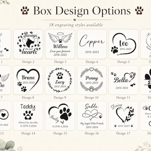 Pode incluir: Uma grade de 18 op&ccedil;&otilde;es de grava&ccedil;&atilde;o em preto e branco para uma caixa, apresentando v&aacute;rios gr&aacute;ficos com temas de animais de estima&ccedil;&atilde;o, como pegadas, cora&ccedil;&otilde;es, asas de anjo e s&iacute;mbolos de infinito, com nomes e datas personaliz&aacute;veis para pets.