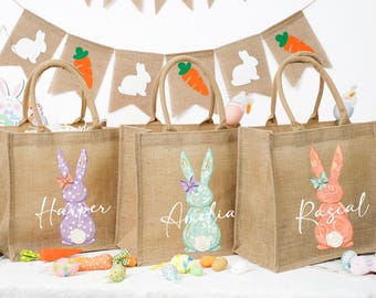 Personalized Jute Easter Bag, Custom Bunny Tote with Name, Easter Egg Hunt Bag for Kids, Easter Basket Alternative, Reusable Easter Gift Bag