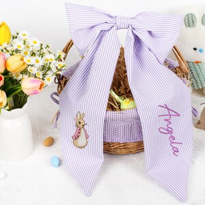 Personalized Seersucker Easter Basket Bow, Monogrammed Bunny Design, Easter Basket Decoration, Kids Gift, Spring Bunny Accessory image 12