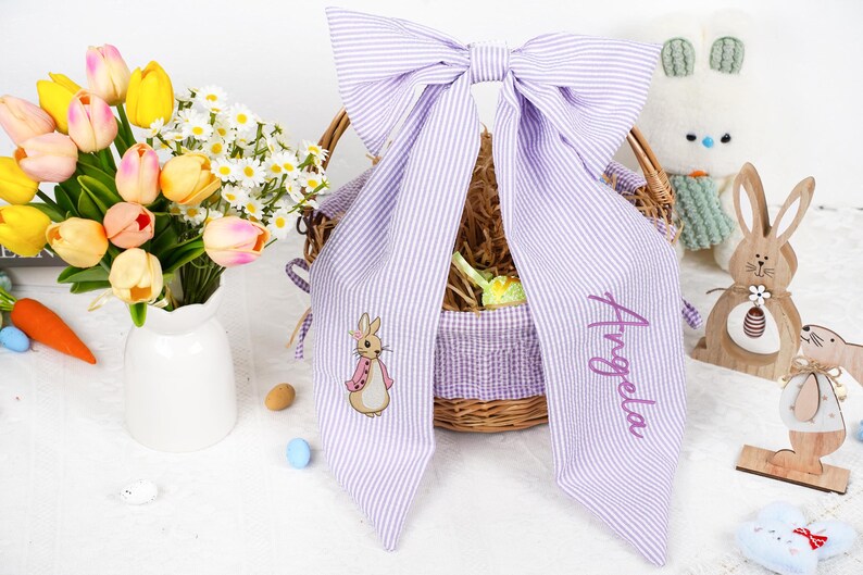 Personalized Seersucker Easter Basket Bow, Monogrammed Bunny Design, Easter Basket Decoration, Kids Gift, Spring Bunny Accessory image 12