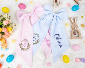 Personalized Seersucker Easter Basket Bow, Monogrammed Bunny Design, Easter Basket Decoration, Kids Gift, Spring Bunny Accessory
