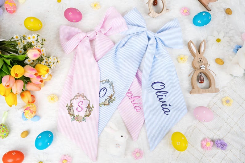 Personalized Seersucker Easter Basket Bow, Monogrammed Bunny Design, Easter Basket Decoration, Kids Gift, Spring Bunny Accessory image 1