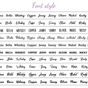 Puede incluir: Una tabla sobre un fondo blanco muestra varios estilos de fuente. Cada fila, etiquetada de S11 a S20, presenta una fuente diferente, con palabras como "Luna", "Bella" y "Whiskey". El t&iacute;tulo "Font style" est&aacute; en la parte superior.