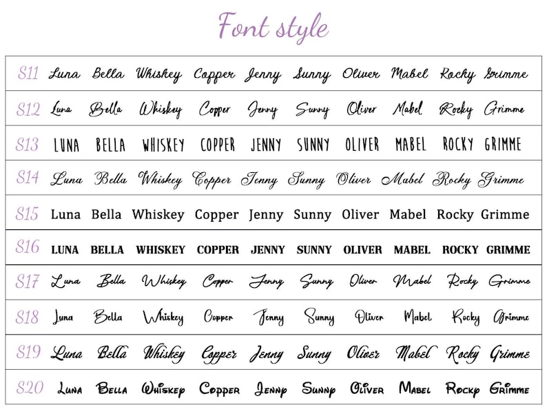 Puede incluir: Una tabla sobre un fondo blanco muestra varios estilos de fuente. Cada fila, etiquetada de S11 a S20, presenta una fuente diferente, con palabras como "Luna", "Bella" y "Whiskey". El t&iacute;tulo "Font style" est&aacute; en la parte superior.