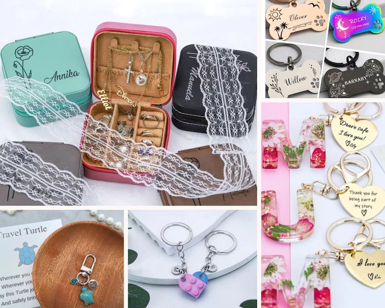 May include: Assortment of personalized jewelry and keychains.  A teal jewelry box with the name Annika engraved on it. A pink jewelry box with the name Elliot engraved on it. A black jewelry box with the name Manuela engraved on it. A silver keychain with a heart charm and a lego charm. A gold keychain with a heart charm and the words "I love you" engraved on it. A gold keychain with a heart charm and the words "Thank you for being part of my story" engraved on it. A gold keychain with a heart charm and the words "Drive safe I love you!" engraved on it. A pink, clear resin keychain with a letter M and flowers inside. A black, clear resin keychain with a letter M and flowers inside. A white, clear resin keychain with a letter M and flowers inside. A silver dog tag with the name Oliver engraved on it. A rainbow dog tag with the name Rocky engraved on it. A black dog tag with the name Barnaby engraved on it. A silver dog tag with the name Willow engraved on it.