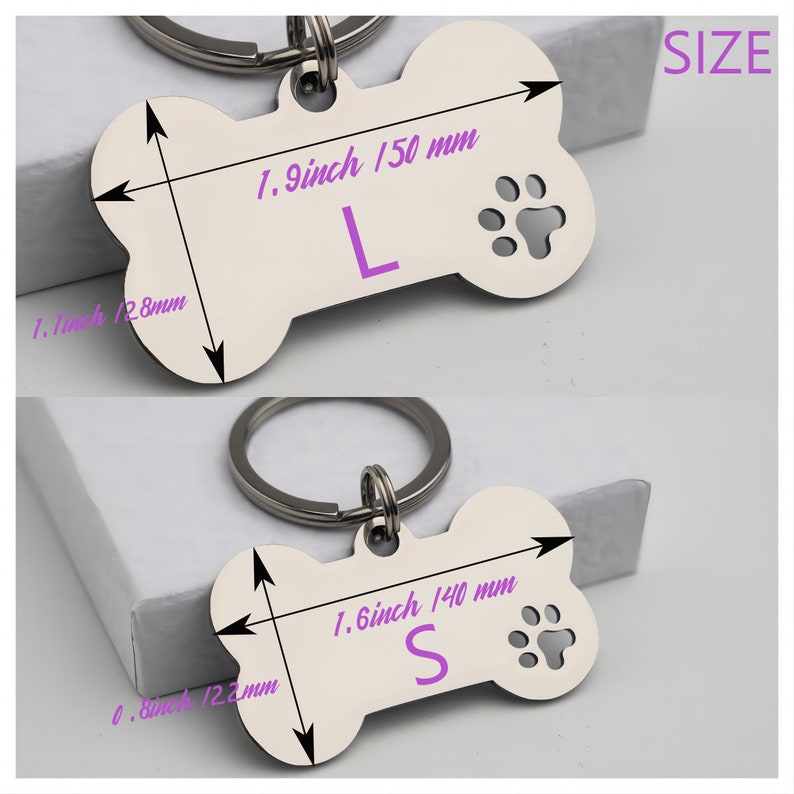 May include: Two silver dog bone shaped tags with key rings. The larger tag is 1.9 inches or 150 mm and has the letter L on it. The smaller tag is 1.6 inches or 140 mm and has the letter S on it.
