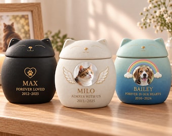 Personalized Pet Urn with Photo, Small Ceramic Cat Urn for Ashes, Engraved Name & Dates, Dog Cat Memorial Keepsake, Pet Loss Sympathy Gift