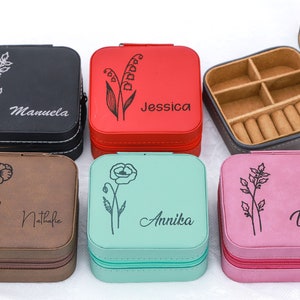 Personalisierte Name Travel Schmuck Box, Gravur Geburt Blume Schmuck Box Schmuck Reise Fall, Geburtstagsgeschenk, Braut Geschenk, Brautjungfer Geschenk