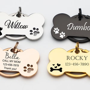 Personalized Metal ID Tag for PetEngraved Dog Name TagsDog Tags for DogsStainless Steel Bone Dog Tag, Rose Gold Black Rainbow dog tag zdjęcie 2