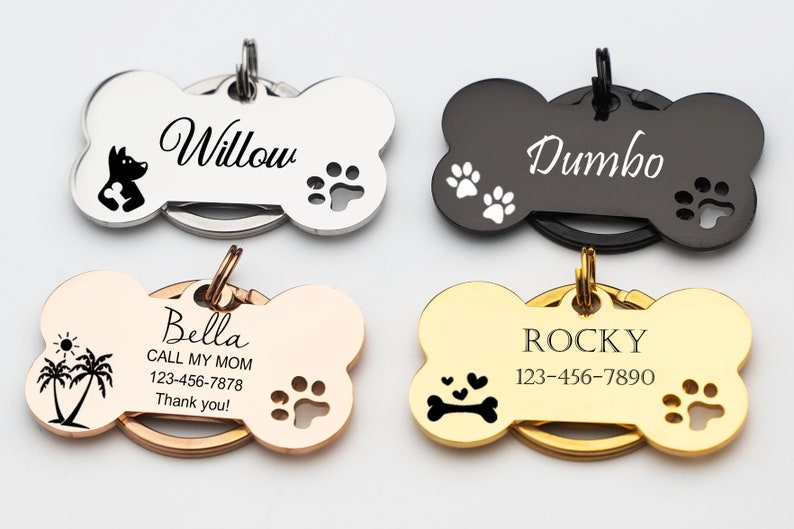 Personalized Metal ID Tag for PetEngraved Dog Name TagsDog Tags for DogsStainless Steel Bone Dog Tag, Rose Gold Black Rainbow dog tag zdjęcie 2