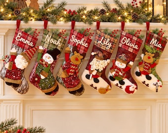 Personalised Family Christmas Stocking, Hand-Applied Cord Name, Six Festive Styles, Mantel Decor