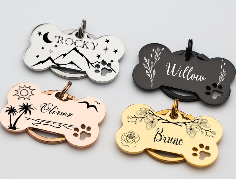 Personalized Metal ID Tag for PetEngraved Dog Name TagsDog Tags for DogsStainless Steel Bone Dog Tag, Rose Gold Black Rainbow dog tag zdjęcie 3
