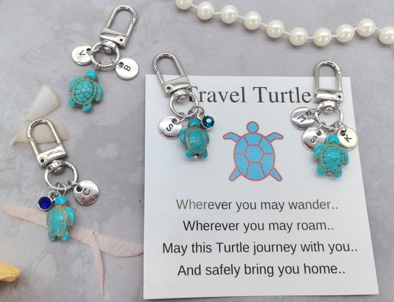 Porte-clés tortue de voyage personnalisé avec lettre et pierre de naissance, porte-clés tortue, porte-clés porte-bonheur voyage, voyages sûrs, breloque de sac tortue image 3