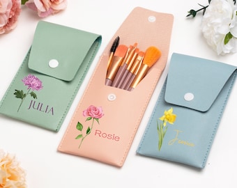 Set di pennelli per trucco da viaggio personalizzati, Pennelli per trucco con fiori di nascita, Pennelli per trucco con nome personalizzato, Regalo per damigella d'onore, Regalo di nozze, Regalo per festa nuziale