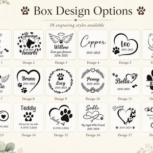 K&ouml;nnte beinhalten: Ein Raster mit 18 schwarz-wei&szlig;en Gravuroptionen f&uuml;r eine Box, die verschiedene haustierbezogene Grafiken wie Pfotenabdr&uuml;cke, Herzen, Engelsfl&uuml;gel und Unendlichkeitssymbole sowie anpassbare Namen und Daten zur Erinnerung an Haustiere zeigen.