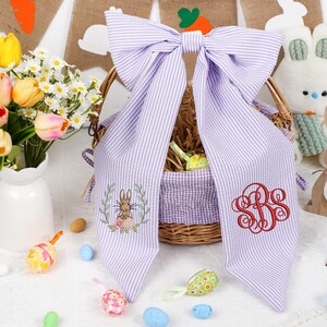 Personalized Seersucker Easter Basket Bow, Monogrammed Bunny Design, Easter Basket Decoration, Kids Gift, Spring Bunny Accessory image 17