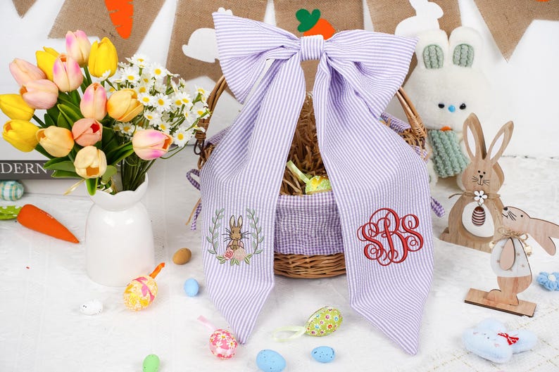 Personalized Seersucker Easter Basket Bow, Monogrammed Bunny Design, Easter Basket Decoration, Kids Gift, Spring Bunny Accessory image 17
