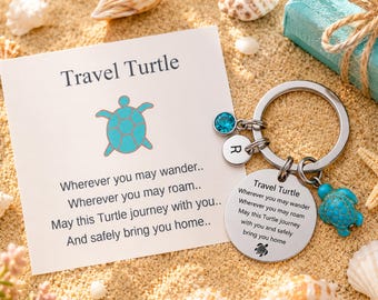 Travel-themed Sea Turtle Keyring, Travel Turtle Keychain, Personalised Gift, Christmas Gift, Journey Good Luck Charm, Turtle Bag Charm Gift