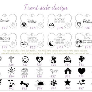 May include: A selection of 48 different dog tag designs for pet owners. The tags feature various icons, including paw prints, hearts, stars, and more. Each tag has a space for a name and phone number. The tags are numbered F17 through F48.