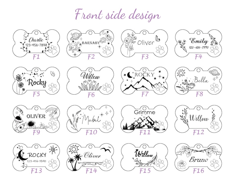 May include: A set of 16 black and white dog tag designs featuring various illustrations and text. The designs include names like Charlie, Barnaby, Oliver, Emily, Rocky, Willow, Bella, Grimme, Mabel, and Bruno. Each design has a bone shape and includes a paw print.