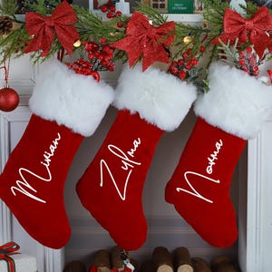 Red Velvet Christmas Stocking with Name, Personalized Xmas Stocking, 2024 Holiday Decor, Family Christmas Gifts, Monogram Stocking for Home