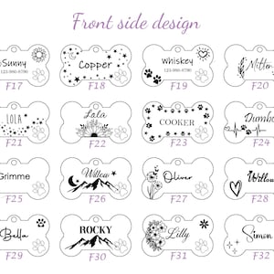 Puede incluir: Una colecci&oacute;n de etiquetas para mascotas en forma de hueso con varios dise&ntilde;os y nombres. Cada etiqueta presenta un nombre diferente, como "Sunny", "Copper" o "Whiskey", junto con elementos decorativos como huellas de patas, flores y estrellas. Las etiquetas tambi&eacute;n incluyen un n&uacute;mero de tel&eacute;fono.