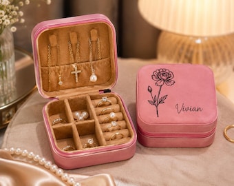 Custom Little Jewelry Travel Case,Personalized Engrave Leather Jewelry Box,Birth Flower Jewelry Travel Case,Maid of Honor Gift,Birthday Gift