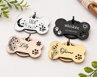 Etiqueta de identificación de metal personalizada para mascotas, etiquetas de nombre de perro grabadas, etiquetas de perro para perros, etiqueta de perro de hueso de acero inoxidable, etiqueta de perro arcoíris negro y oro rosa