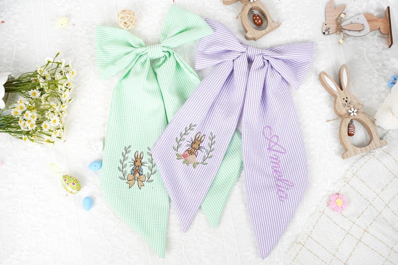 Personlig påskkorg Seersucker-rosett, anpassad monogramrosett, blomsterflickkorg, present till nybliven mamma, påskäggjaktsdekoration bild 1