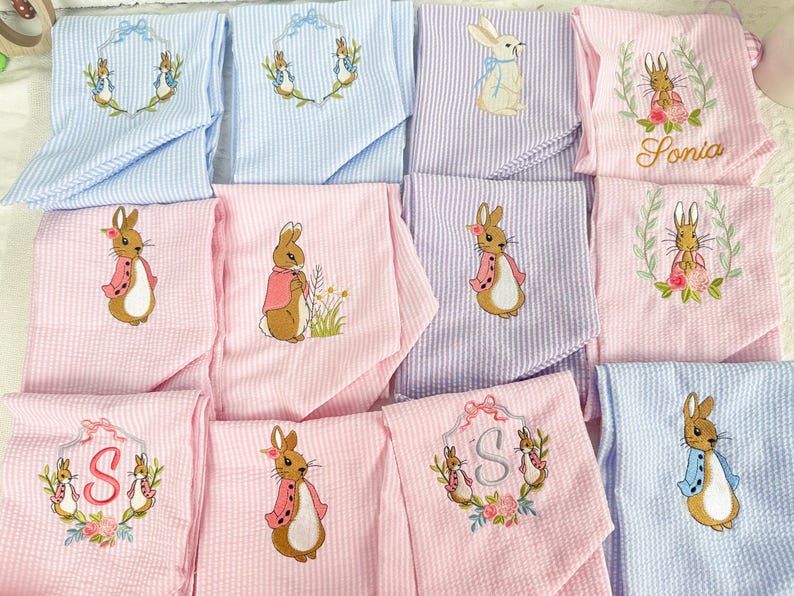 Personalized Seersucker Easter Basket Bow, Monogrammed Bunny Design, Easter Basket Decoration, Kids Gift, Spring Bunny Accessory image 10