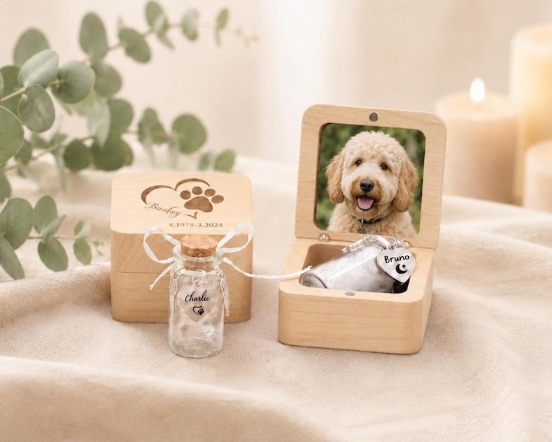 Individuell gravierte Haustier-Gedenkbox, Andenken aus Holz aus Haustierasche, personalisiertes Beileidgeschenk für Katzen und Hunde, Haustierfell-Denkmal, herzliches Geschenk für Haustierverlust Bild 1