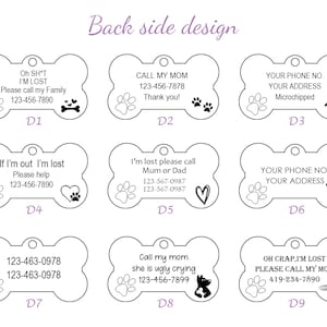 May include: Nine different designs for dog tags in the shape of a bone. Each tag has a different message and graphic, including paw prints, hearts, a bone, a house, a flower, a puppy, a planet, and a skull. The text on the tags includes phrases like "Oh SH*T I'M LOST", "Call my mom", "If I'm out I'm lost", "I'm lost please call Mum or Dad", "Your phone no. Your address", and "Oh CRAP, I'M LOST PLEASE CALL MY MOM".