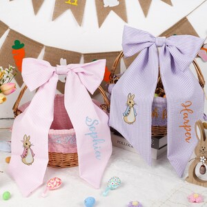 Personlig påskkorg Seersucker-rosett, anpassad monogramrosett, blomsterflickkorg, present till nybliven mamma, påskäggjaktsdekoration bild 15