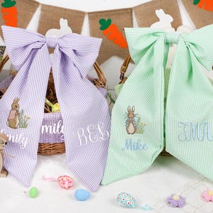 Personalized Seersucker Easter Basket Bow, Monogrammed Bunny Design, Easter Basket Decoration, Kids Gift, Spring Bunny Accessory image 14