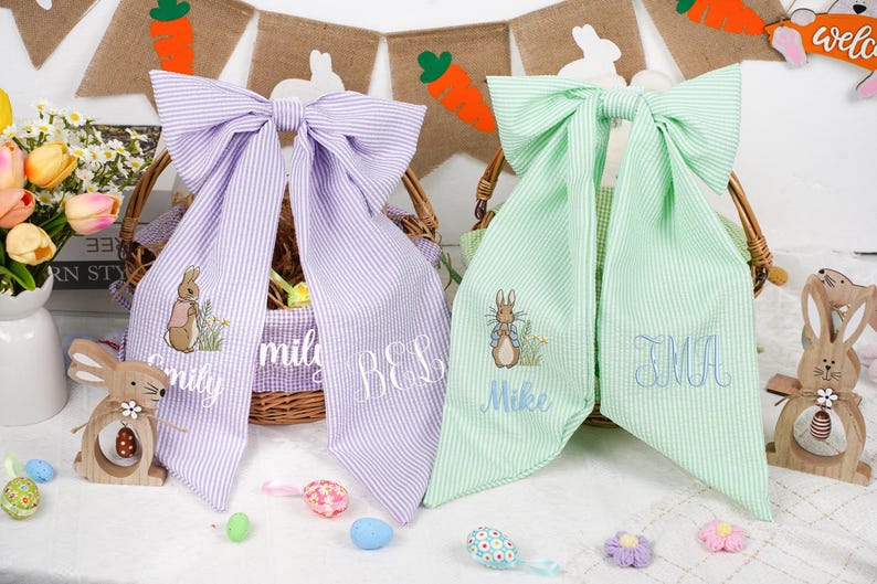 Personalized Seersucker Easter Basket Bow, Monogrammed Bunny Design, Easter Basket Decoration, Kids Gift, Spring Bunny Accessory image 14