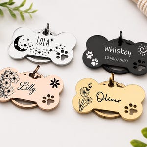 Placa de identificación personalizada para perros, placas de identificación con forma de hueso, placas de identificación para perros, placa para collar de perro, placa de identificación para cachorros, placa de identificación personalizada de acero inoxidable para mascotas. imagen 2