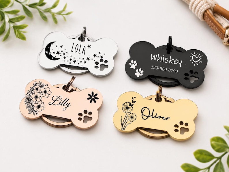 Placa de identificación personalizada para perros, placas de identificación con forma de hueso, placas de identificación para perros, placa para collar de perro, placa de identificación para cachorros, placa de identificación personalizada de acero inoxidable para mascotas. imagen 2