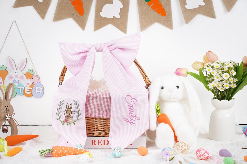 Personalized Seersucker Easter Basket Bow, Monogrammed Bunny Design, Easter Basket Decoration, Kids Gift, Spring Bunny Accessory image 11