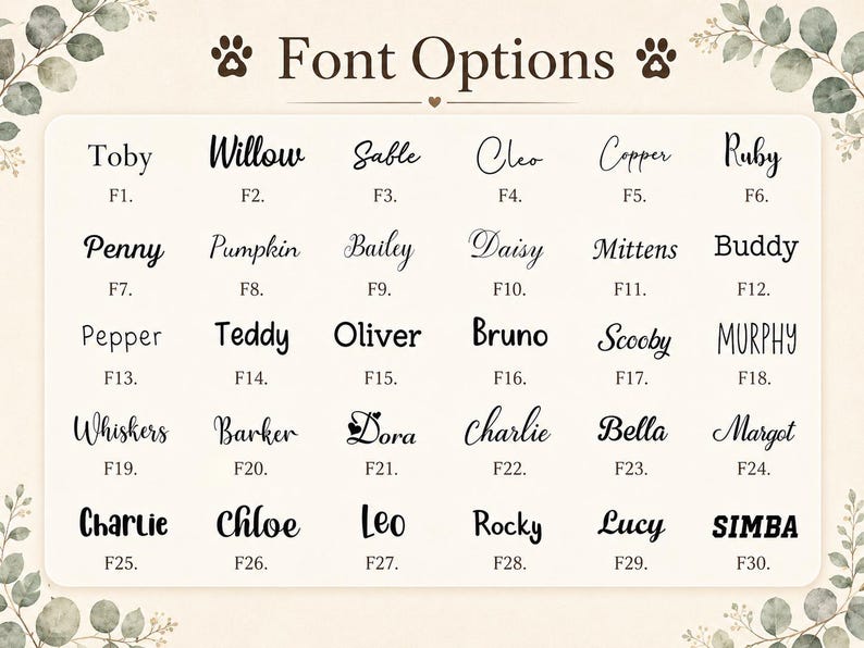 Pode incluir: Uma tabela retangular intitulada Font Options apresentando trinta estilos de tipografia pretos distintos rotulados de F1 a F30. Cada entrada exibe um nome em uma fonte &uacute;nica, variando de scripts cursivos elegantes a letras sem serifa limpas.