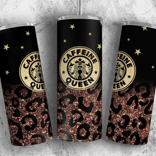 Caffeine Queen Tumbler Design, Gold Glitter Skinny Tumbler Sublimation Designs Wraps, Starbucks Logo Leopard Tumbler PNG, Gold Leopard Print