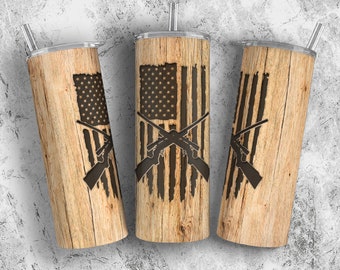 Geschnitzter Holz Skinny Tumbler 20oz Wrap, Jagd Sublimationsentwürfe für Tumbler, USA Flagge Tumbler Wrap PNG, Patriotic Tumbler Design für Männer