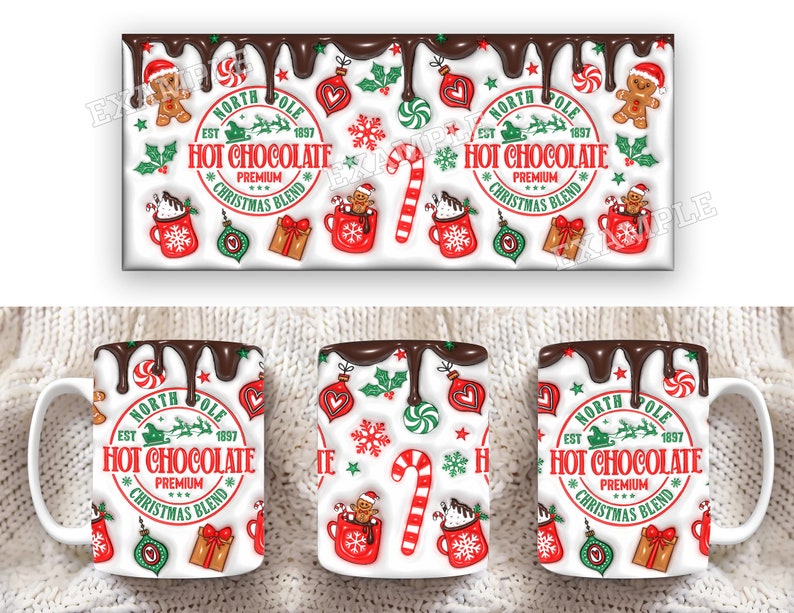 K&ouml;nnte beinhalten: Wei&szlig;e Keramiktasse mit einem roten, gr&uuml;nen und wei&szlig;en Weihnachtsdesign. Die Tasse hat ein Schokoladen-Tropf-Design und den Text "North Pole Est 1897 Hot Chocolate Premium Christmas Blend".
