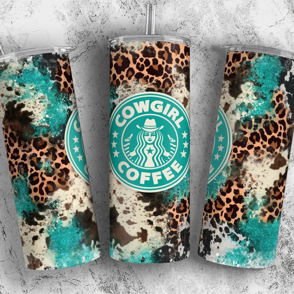 Turquoise Cowhide Tumbler Sublimation Designs PNG,  Cowgirl Western Tumbler Wrap PNG, Cowgirl Leopard PNG,20 oz Skinny Tumbler Design