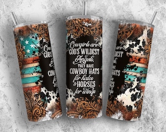 Cowgirl PNG Rodeo Tumbler Sublimationsdrucke, Türkis Country Tumbler Wrap, geschnitzter Holzbecher 20 oz dünn, Kuh Print Tumbler Vorlage