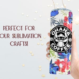 May include: A white tumbler with a floral pattern and a black and white logo that says "Ohana Coffee" with a cartoon Stitch character.