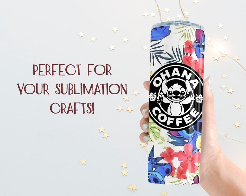 May include: A white tumbler with a floral pattern and a black and white logo that says "Ohana Coffee" with a cartoon Stitch character.