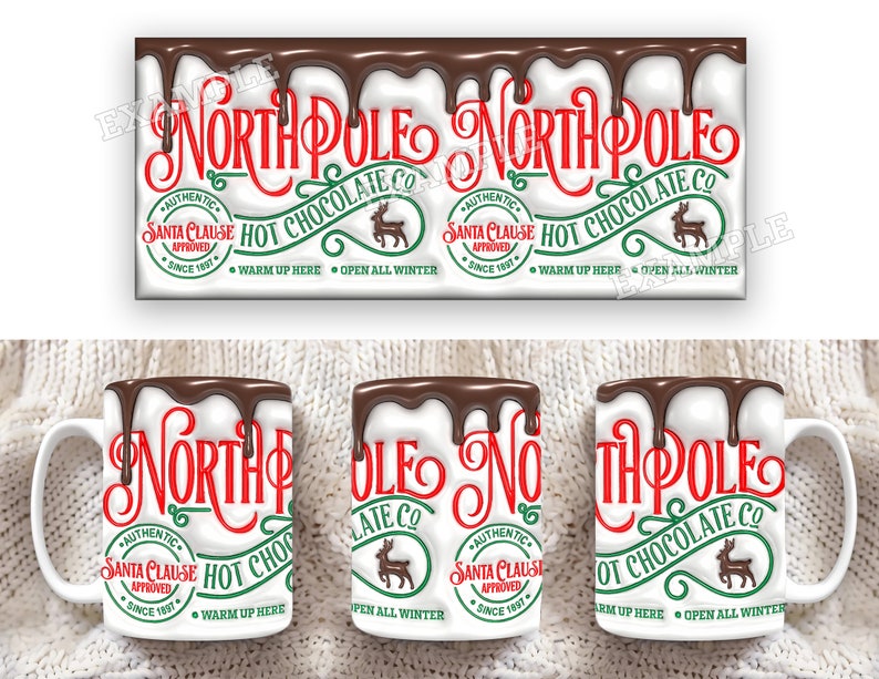 K&ouml;nnte beinhalten: Wei&szlig;e Keramiktasse mit einem roten und gr&uuml;nen Design, auf dem "North Pole Hot Chocolate Co." steht, mit einem tropfenden Schokoladeneffekt. Die Tasse hat ein von Santa Claus zugelassenes Logo und den Text "W&auml;rmen Sie sich hier auf. Ganzj&auml;hrig ge&ouml;ffnet."