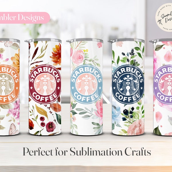 Starbucks floreale Tumbler sublimazione disegni acquerello fiore Skinny Tumbler Wrap 20 once PNG Download digitale Summer Design uso commerciale