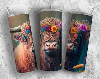 Highland Kuh Tumbler Sublimationsdesign PNG, 20 oz Skinny Tumbler Wrap, Aquarell Kuh Druck Digitaler Download