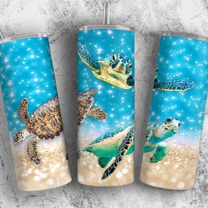 Sea Turtle Tumbler Wrap, Glitter Ocean Sublimation Designs, PNG 20oz Skinny Tumbler Template